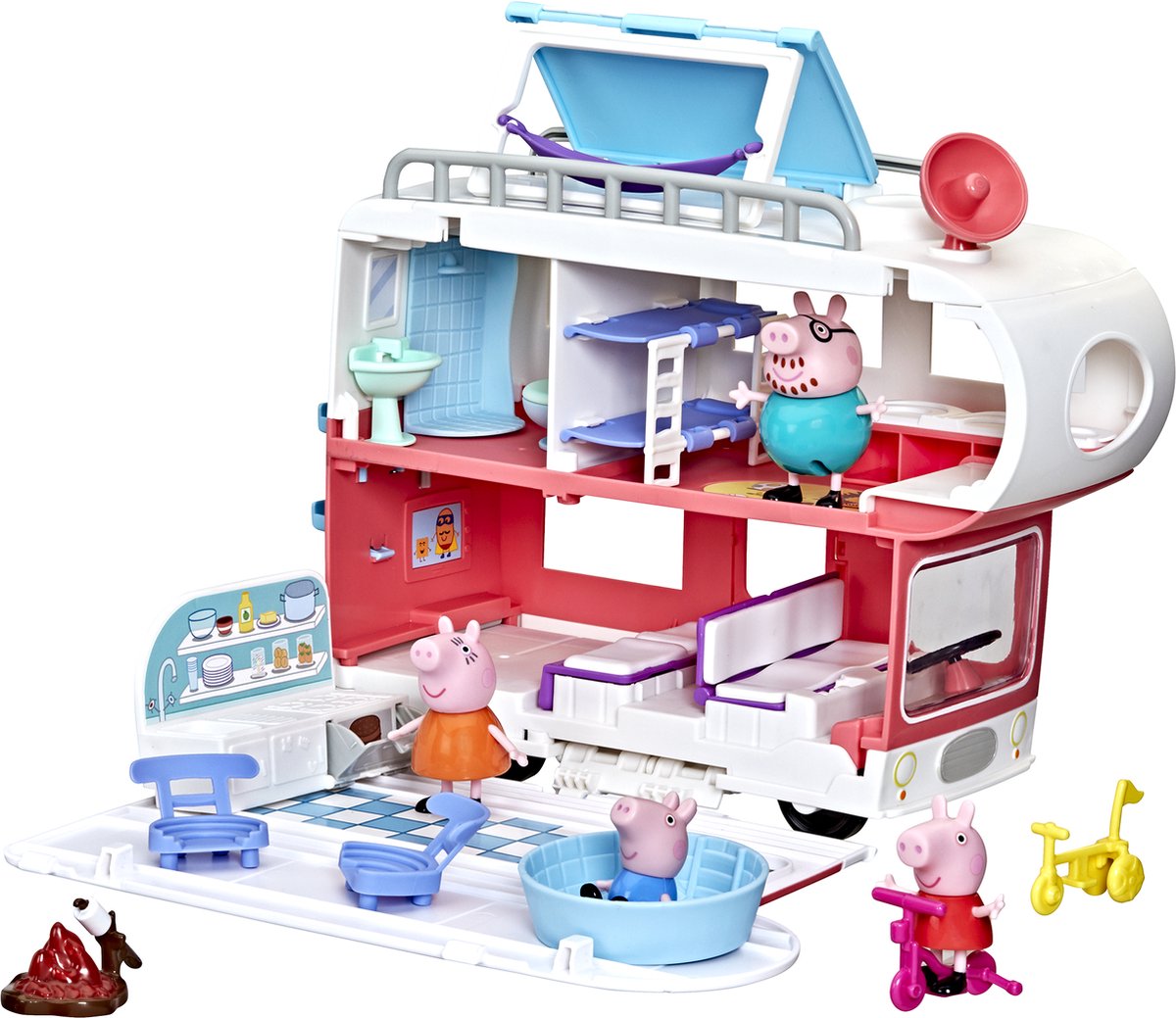 Peppa Pig Peppas Avonturen, Familie Camper, Kinderspeelgoed met 4 figuren (in het Frans)