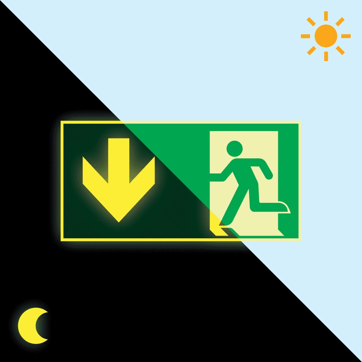 Extra lichtgevende nooduitgang sticker pijl beneden - E001 300 x 150 mm