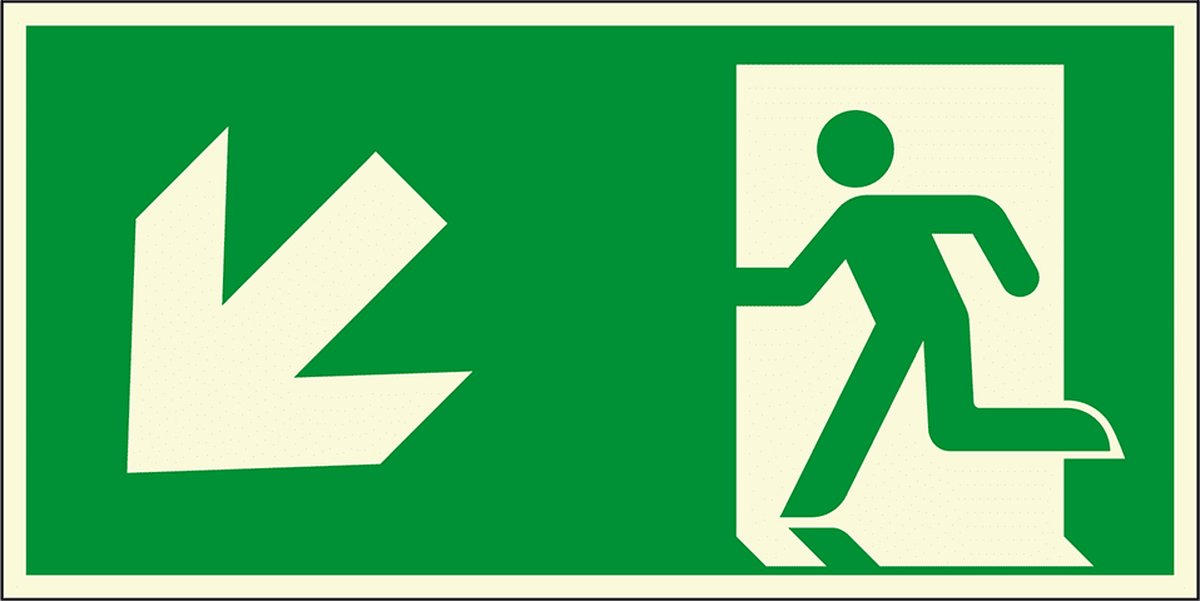 Extra lichtgevende nooduitgang sticker pijl linksonder, E001 300 x 150 mm
