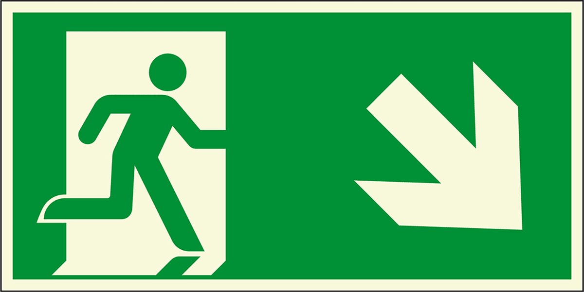 Extra lichtgevende nooduitgang sticker pijl rechtsonder, E002 300 x 150 mm