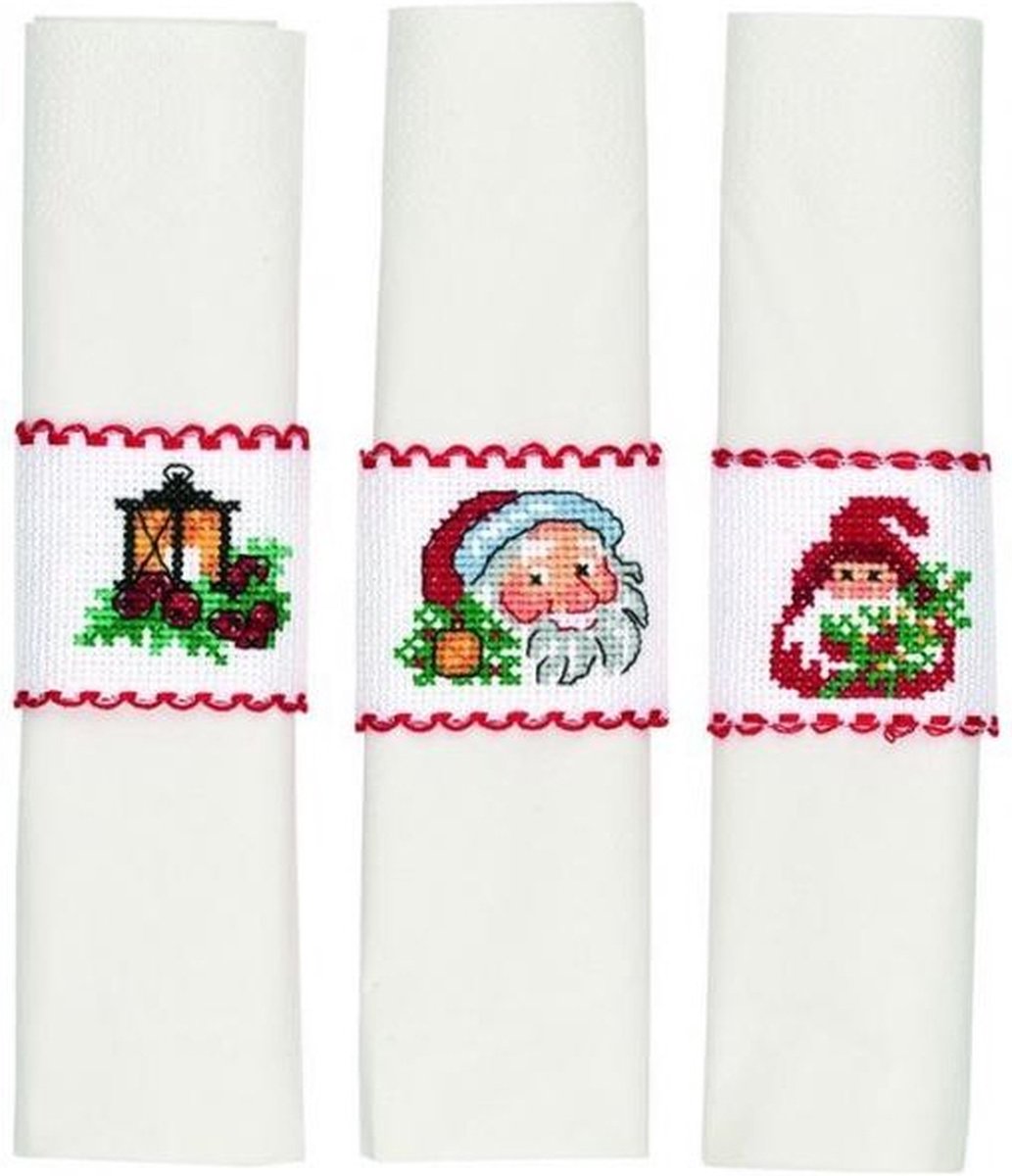 Borduurpakket - 6st. Servetringen kerst - 2 elfs and light - 2 Zwergs und Lantern