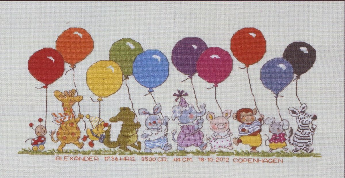Borduurpakket Party Parade - Optocht van dieren met balonnen