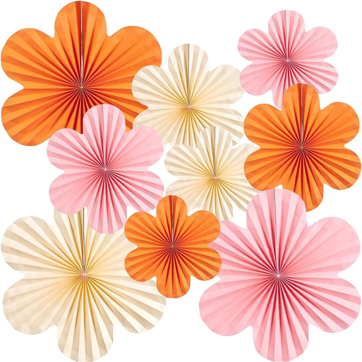 Peysaitr - Papieren Bloemwaaier - Feestdecoratie - Ophangbaar - Verjaardag & Bruiloft - Multicolour Papieren Waaiers - Oranje/Roze/Beige - 35/25/20cm - 9 Stuks