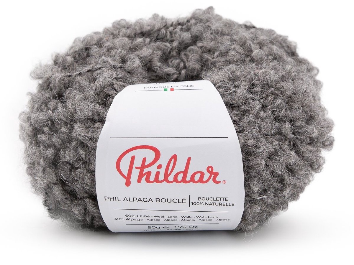 Phildar - Alpaga Bouclé - 100 % natuurlijke premium breigaren - 40 % Alapaca, 60 % Wol - Krullend effect - Wordt per 5 stuks verkocht - Kleur : Gris Acier