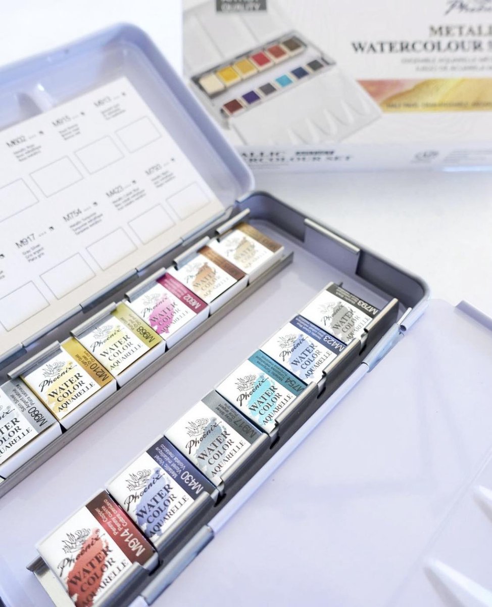 Phoenix - Aquarelverf - Set van 12 halve napjes in metalen doos - Metallic kleuren