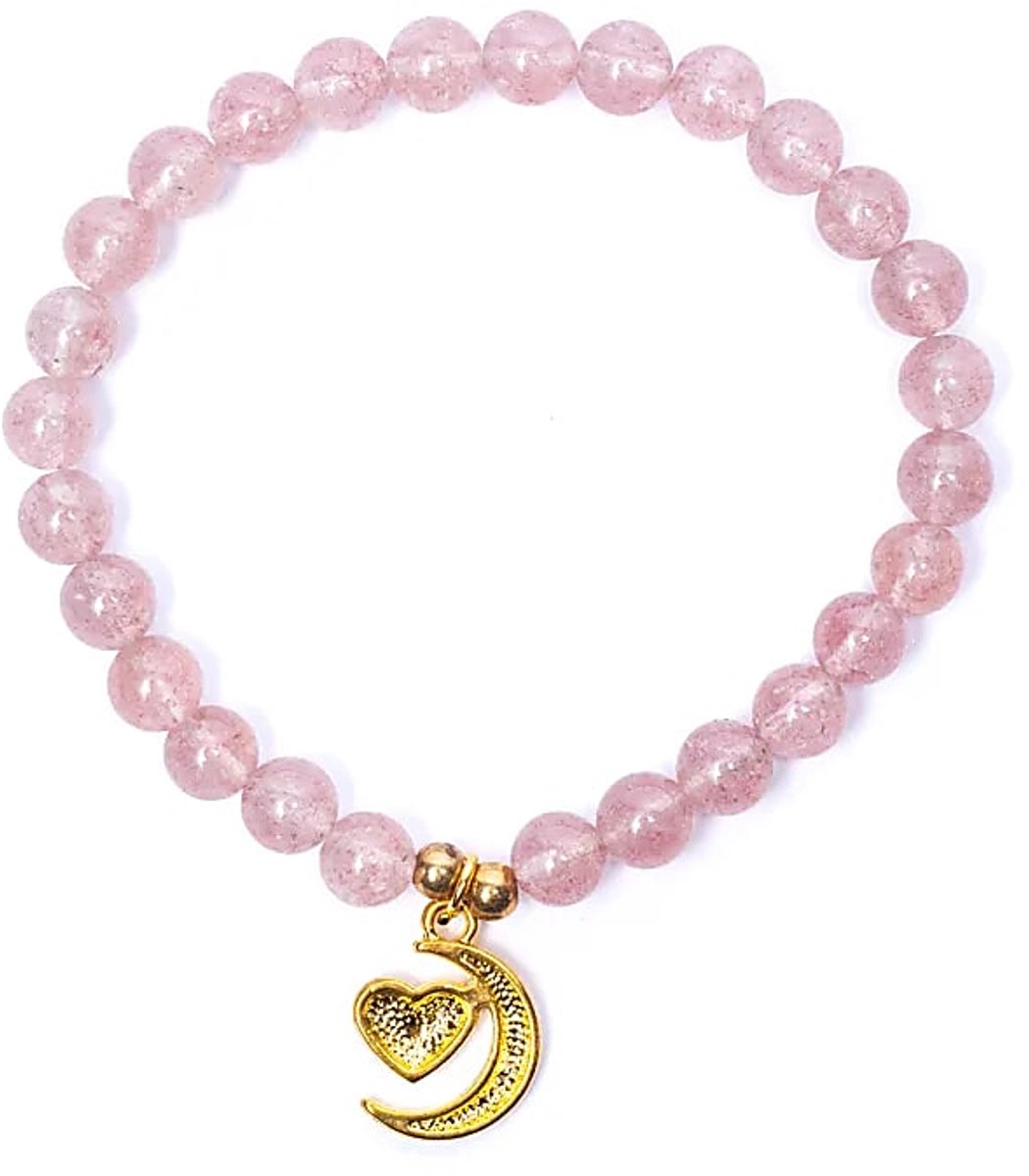 Armband aardbeienkwarts elastisch met hart/maan bedel