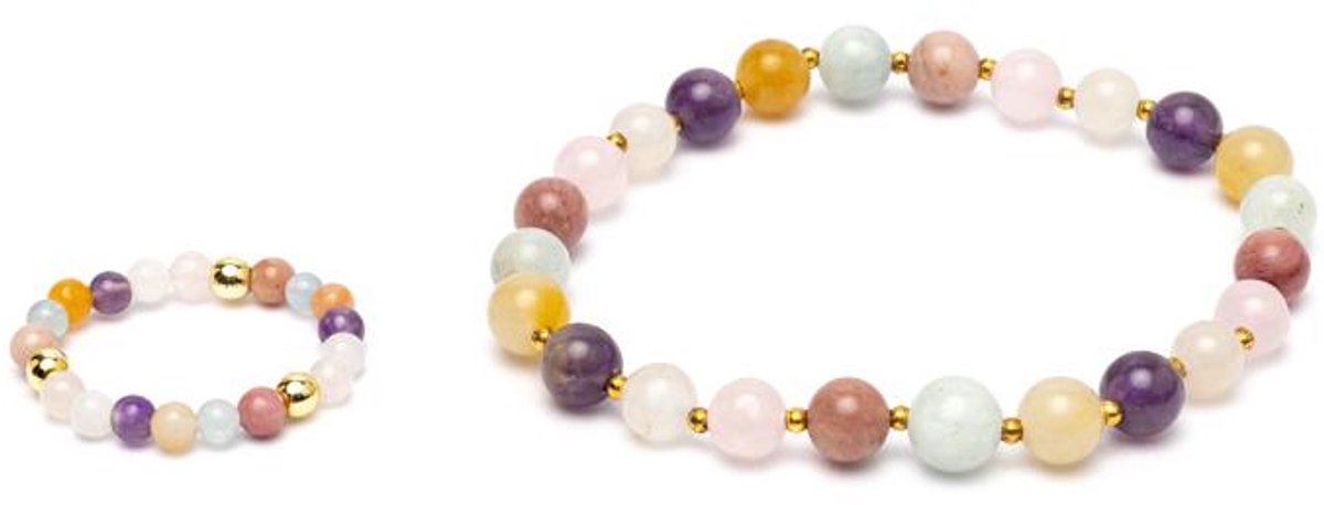 Set armband + ring met goudkleurige kralen Pasteltinten
