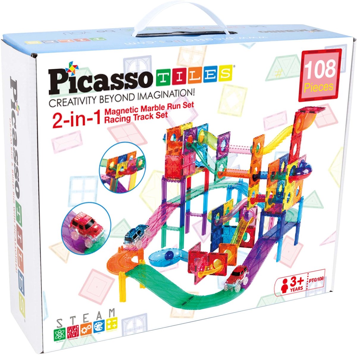 Tactic Picasso Tiles - Constructiespeelgoed - Magnetic Tiles - Magnetische Tegels - Knikkerbaan en Race Track met 2 LED autos: 108-delig