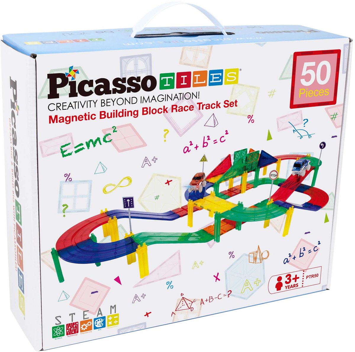 Tactic Picasso Tiles - Constructiespeelgoed - Magnetic Tiles - Magnetische Tegels - Race Track met 2 LED autos: 50-delig