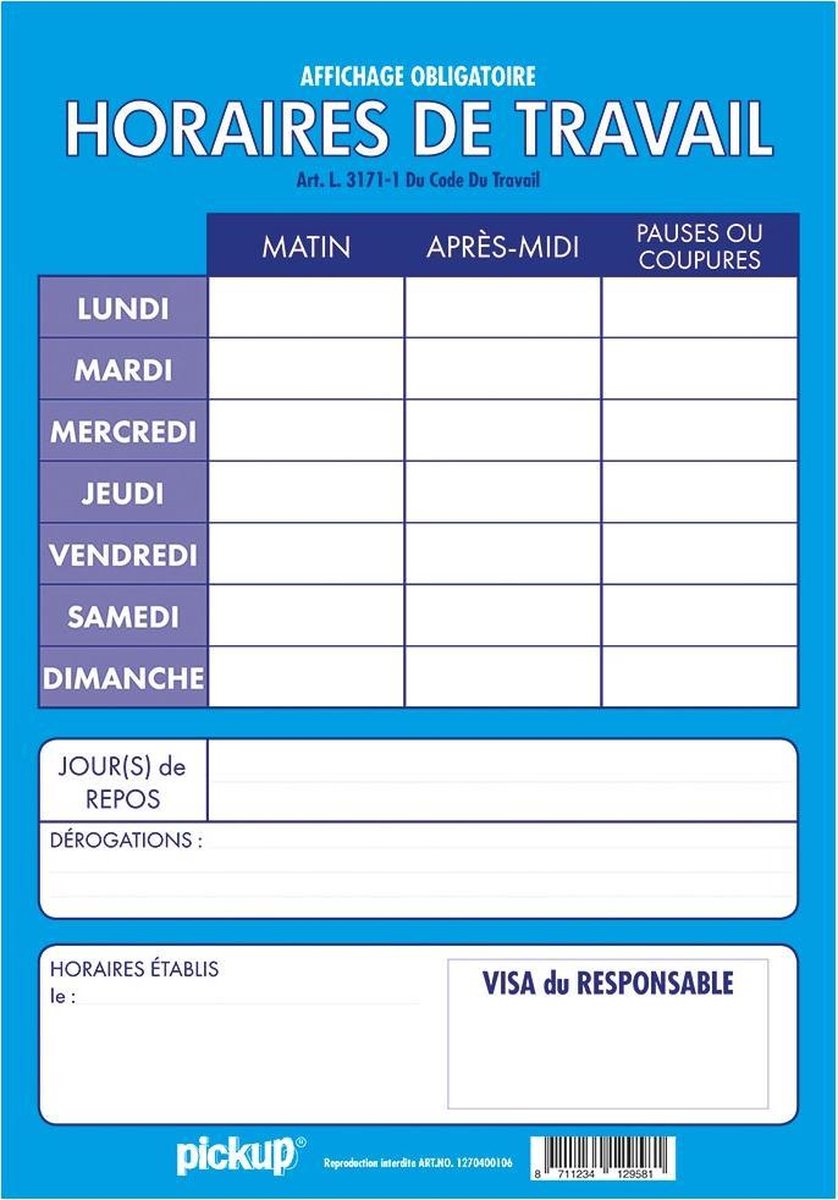 Pickup affichage Horaires de Travail - 33x23 cm