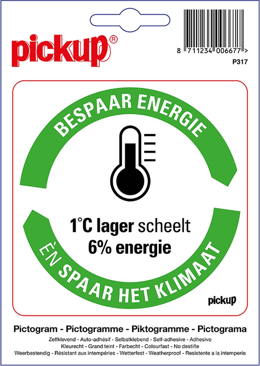 Pickup sticker Bespaar Energie spaar het klimaat: Thermostaat omlaag - 10x10 cm
