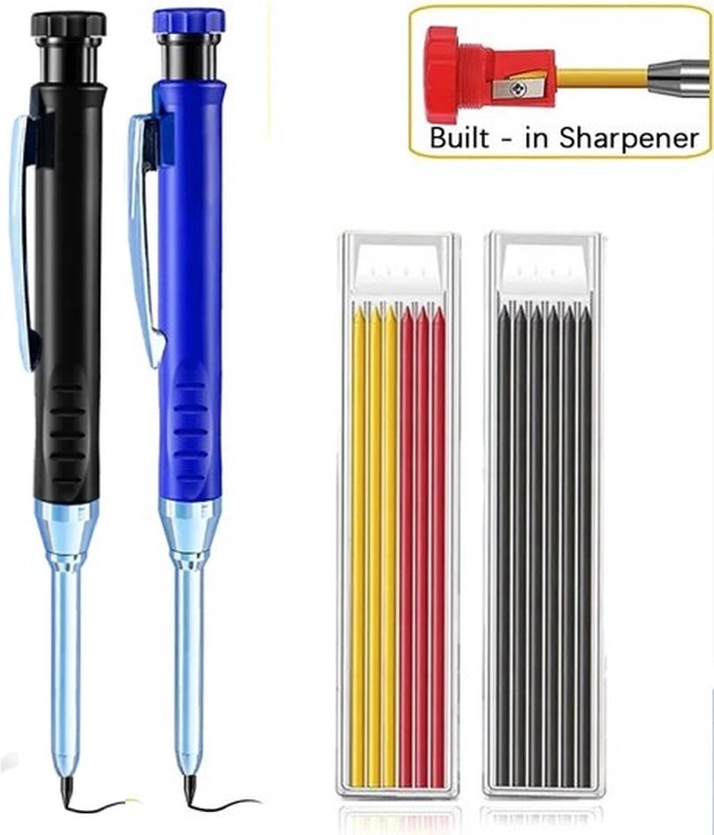 Bouwpotlood set - Timmermanspotloden - 2 markeerpotloden zwart en blauw en 12 navullingen - Timmermanspotlood perfect voor timmerwerk en markeringen