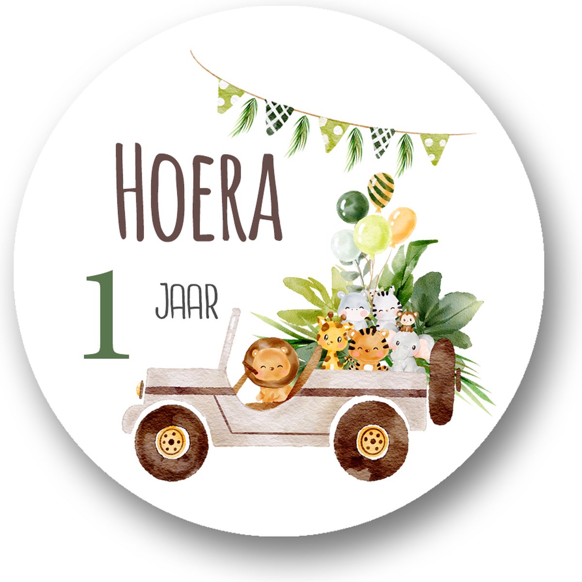 Traktatiestickers Jungle vriendjes 1 Jaar - Cadeausticker - Wensetiket - Rond 40 mm - Sluitsticker - 25 stuks -- Sticker jungle vriendjes 1e Verjaardag - Kinder Traktatie - Kinderdagverblijf Feest - Traktatiestickers Pimp Studio