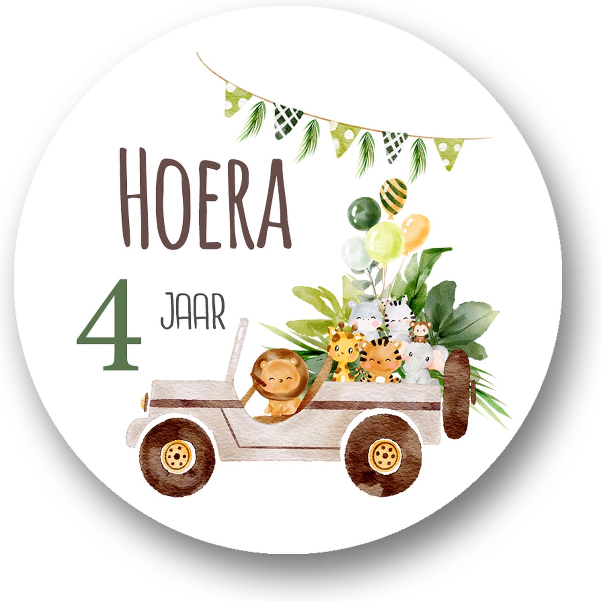 Traktatiestickers Jungle vriendjes 4 Jaar - Cadeausticker - Wensetiket - Rond 40 mm - Sluitsticker - 25 stuks -- Sticker jungle vriendjes 4e Verjaardag - Kinder Traktatie - Kinderdagverblijf Feest - Traktatiestickers Pimp Studio