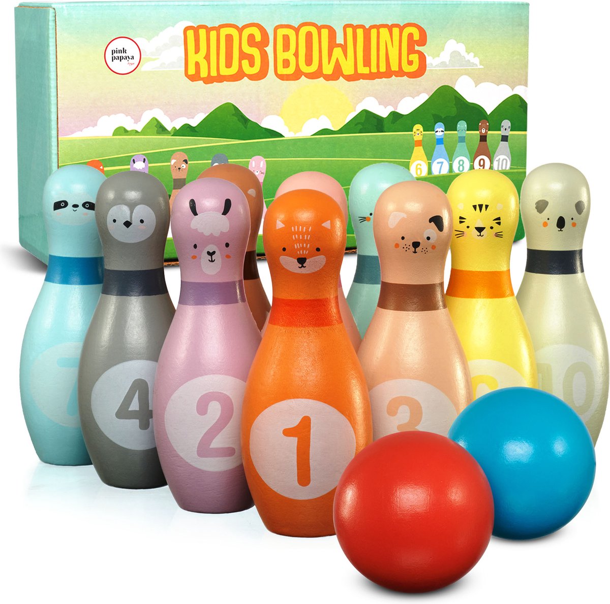 Pink Papaya Kegelspel voor Kinderen, 12-Delig Houten Kegelspel voor Jongens en Meisjes, Binnen- en Buitenspeelgoed