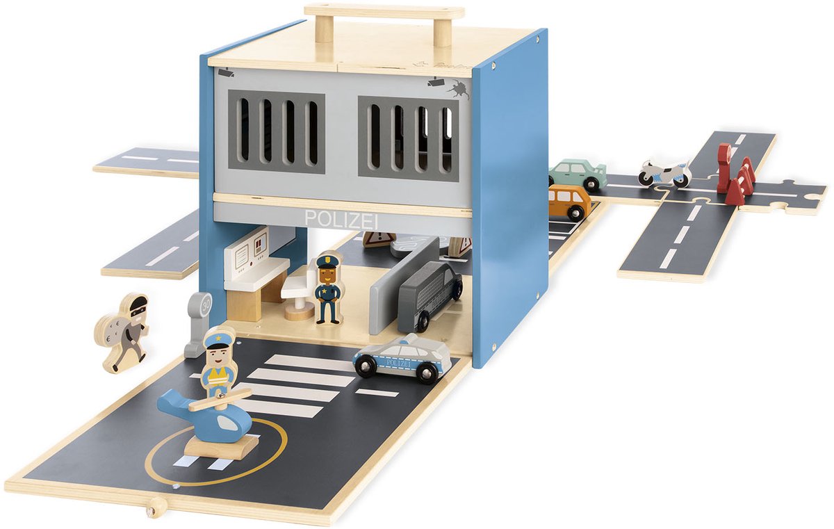 Houten politie bureau - speelwereld Politiebureau Gordon met accessoires - draagbaar- opklapbaar