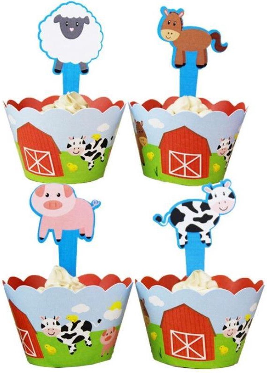 12 stuks cupcake omslagen + 12 toppers boerderij dieren