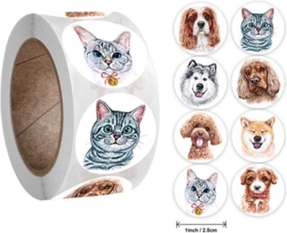 500 stickers op rol honden en katten 2,5 cm