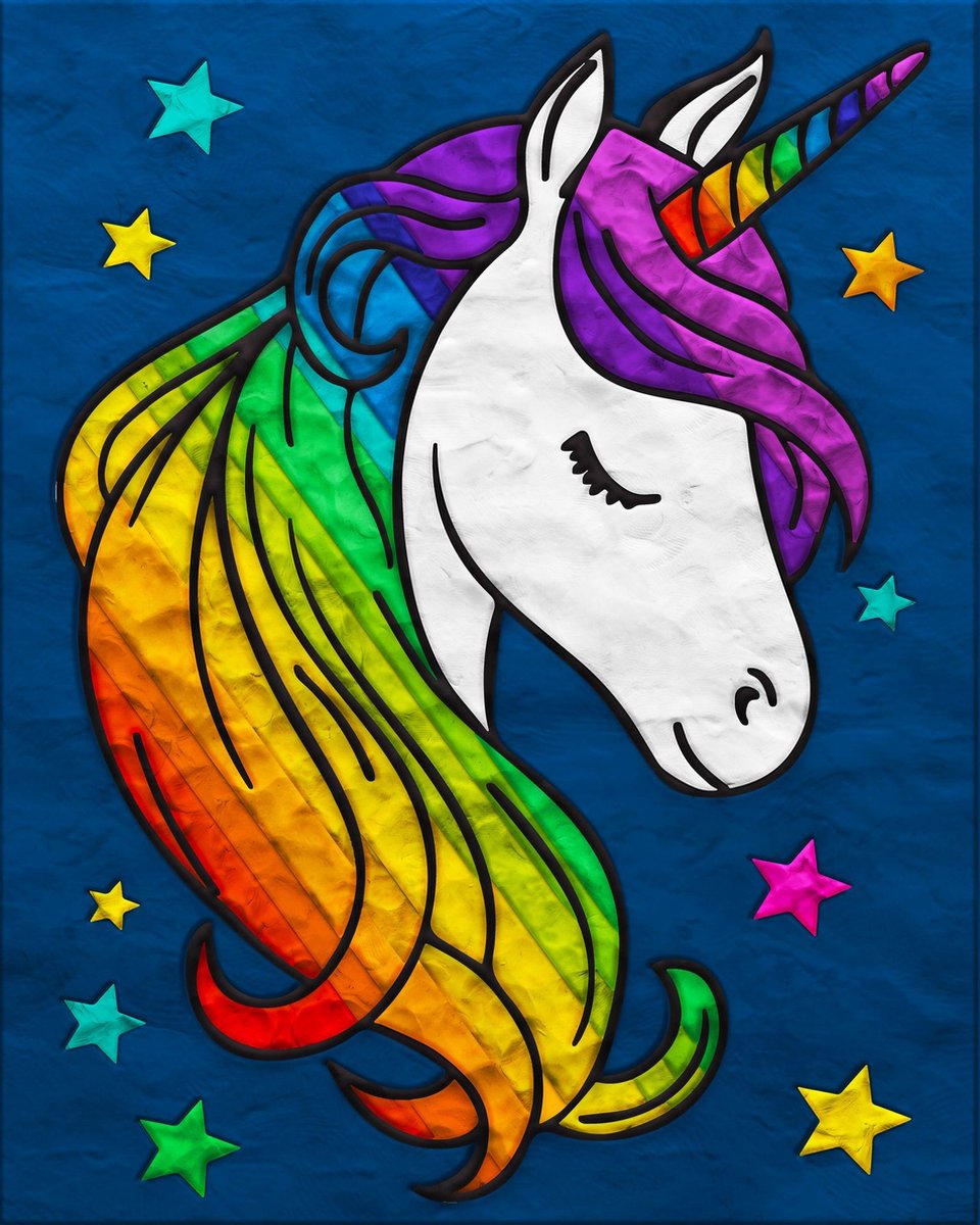 Klei schilderij - Clay painting on canvas 30x40cm - Clay Painting - Unicorn - Eenhoorn