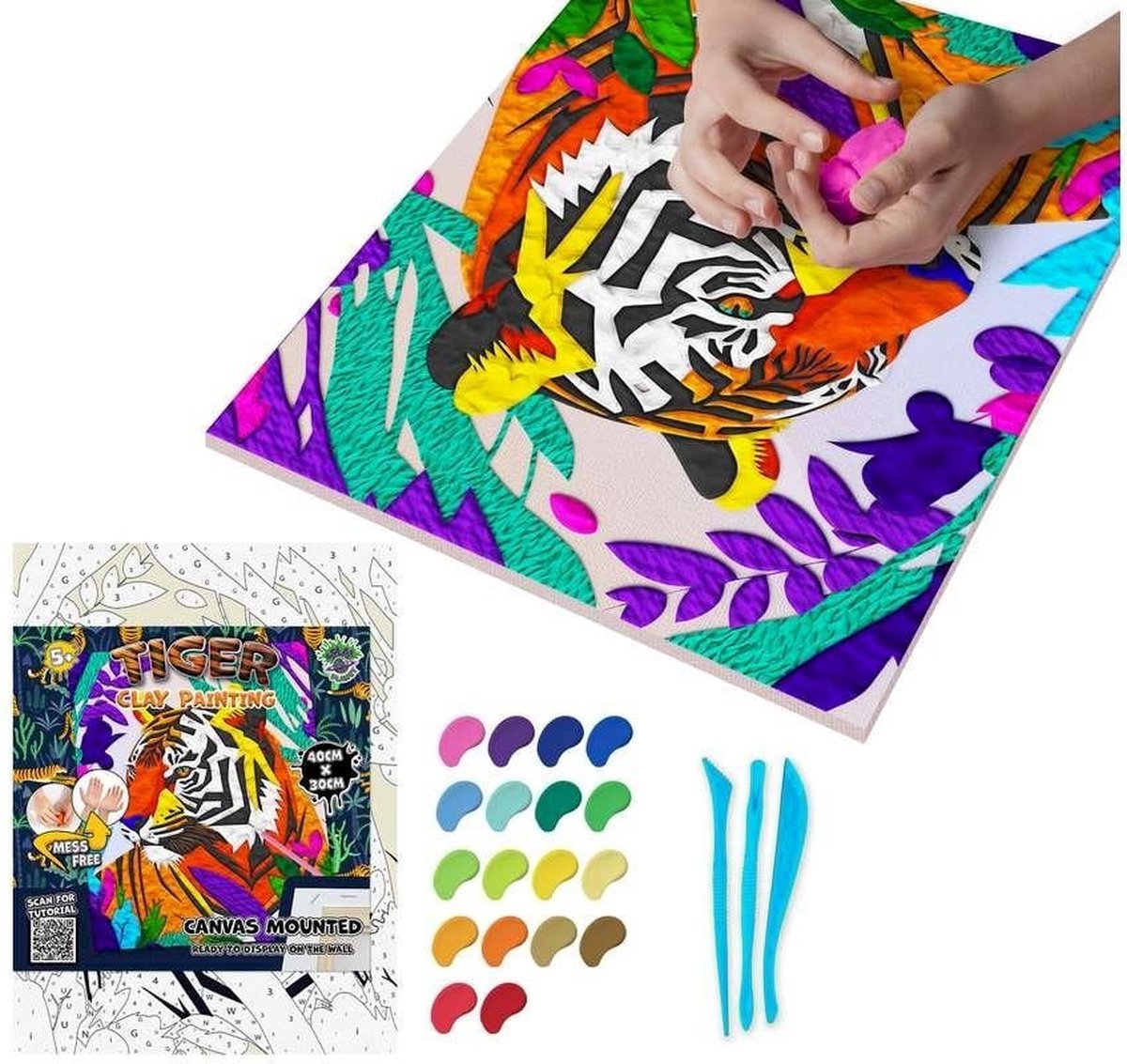 Klei schilderij - Clay painting on canvas 30x40cm - Tiger - tijger