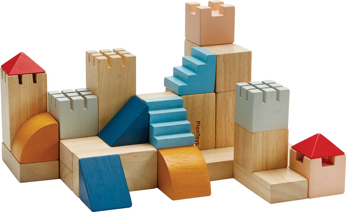 Bouw een kasteel of een stad! Laat je creativiteit het overnemen! Bevat 30 stuks met 10 vormen. Er zijn 6 kleurblokken en 18 natuurlijke blokken.