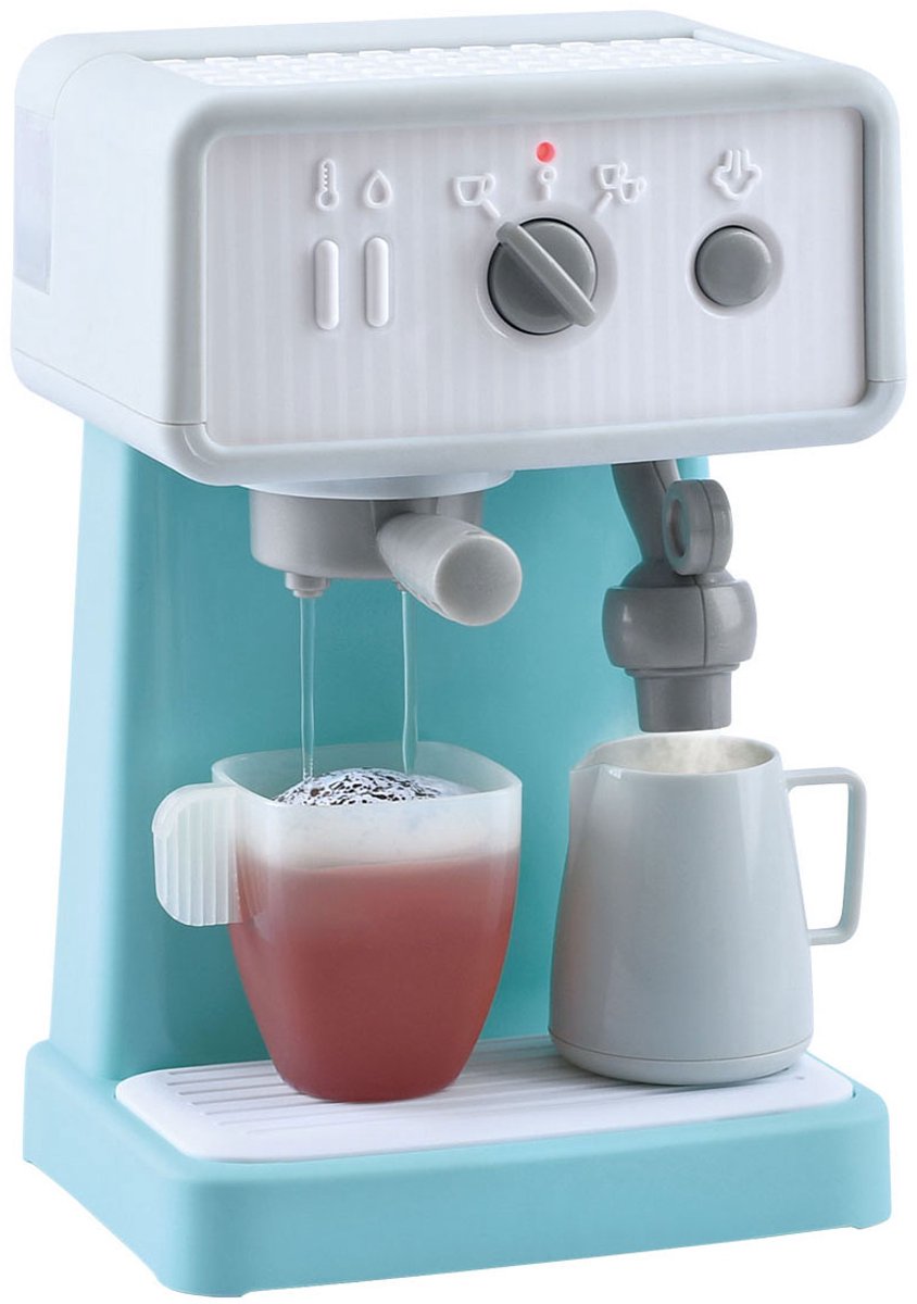   speelgoed espressomachine wit blauw met melkschuimer en beker.