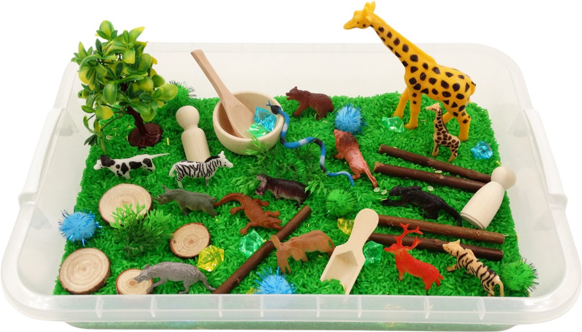 Sensory Play Tray - wilde dieren - speelrijst