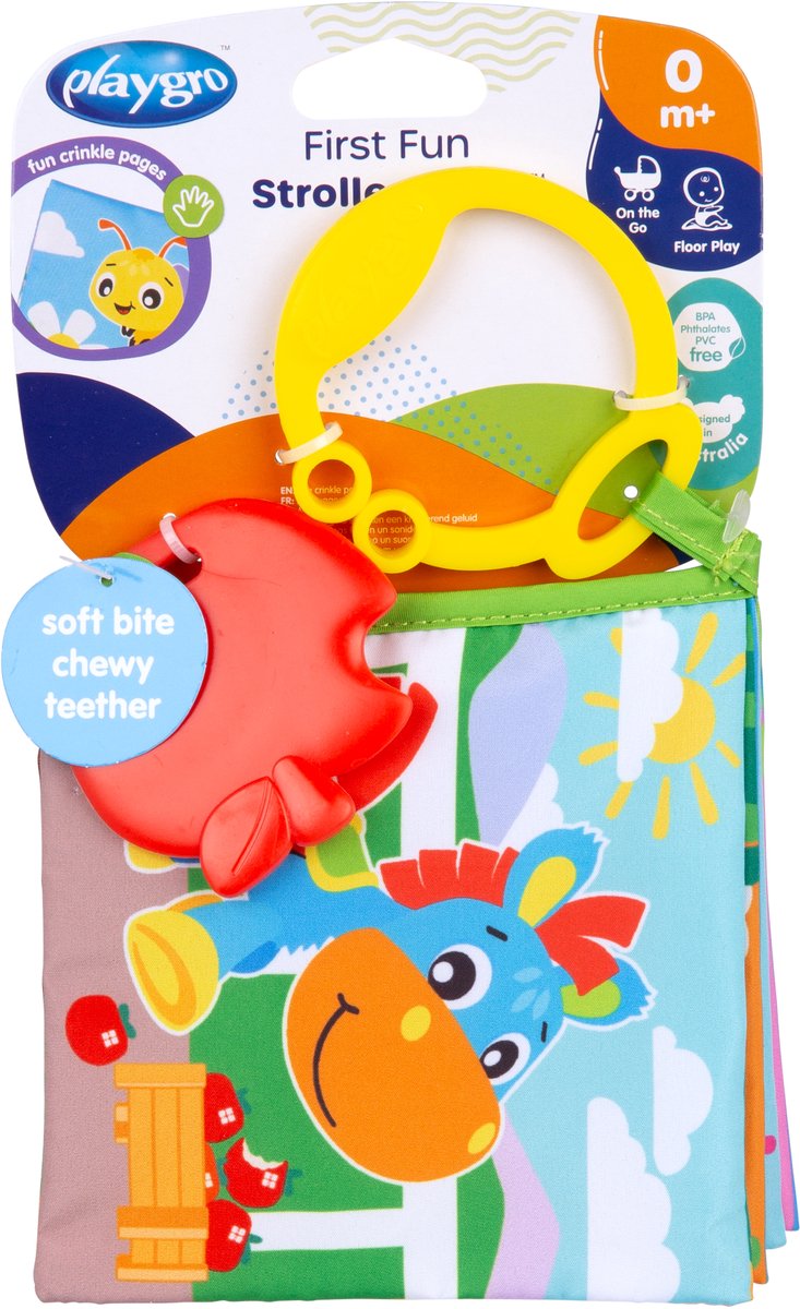   - First Fun Stroller Book - Bijtboekje - Bijtprofiel - Baby boek -baby boekje 0-6 maanden - Bijtring - baby boekje met geluid
