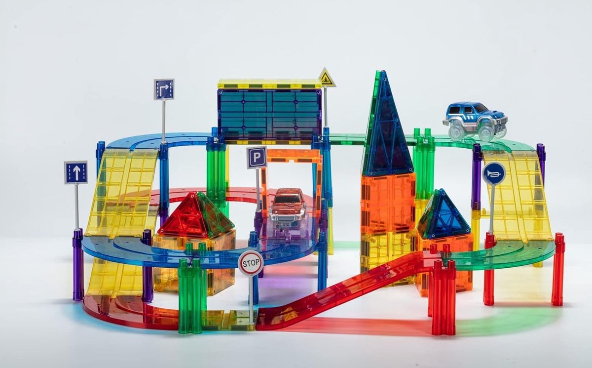Playmags 200-delige Magnetische Tegel Racetrack met 2 Gemotoriseerde Raceautos