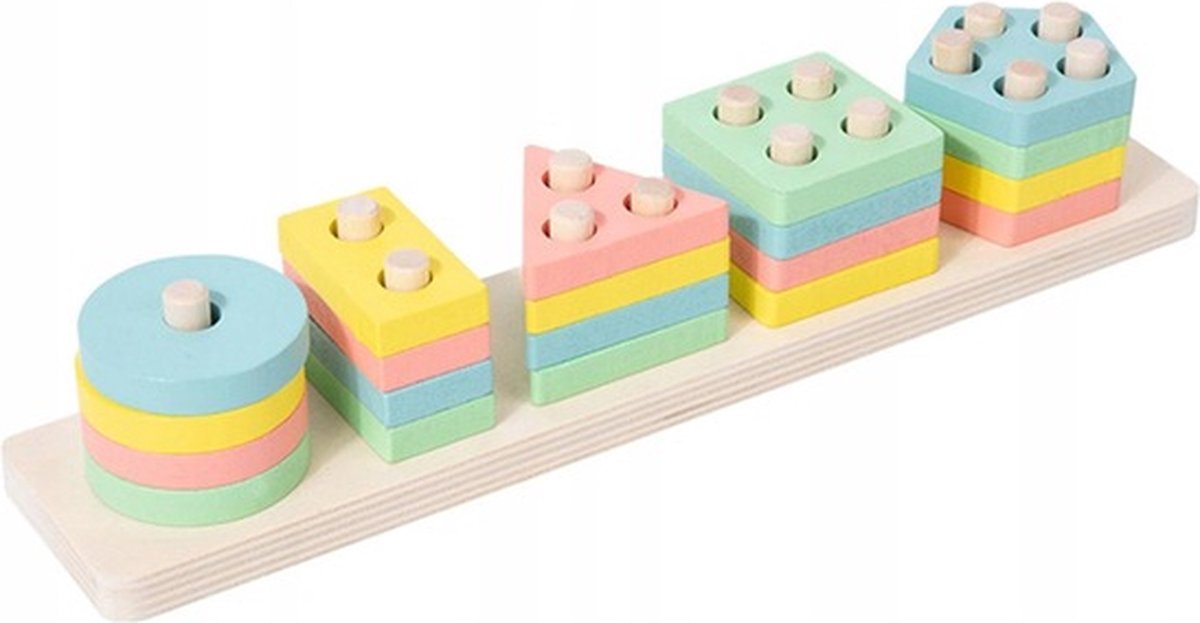 Geometrische Vormen Sorteren - Pastel - 5 Vormen - Rechthoek - Vormenstoof - Houten Stapelspeelgoed - Sorteer Speelgoed - Montessori Speelgoed - Motoriek - Sensorisch Speelgoed - Sorteren - Educatief Speelgoed - Houten Puzzel - Ontwikkelingsspeelgoed