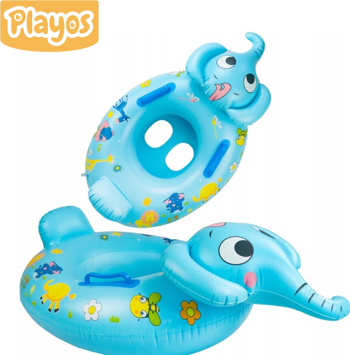 Playos - Zwemband - Olifant - met Zitje - Blauw - Rugleuning - Peuter en Baby - Zwemring - Babyzwemband - Babyfloat - Zwemtrainer - Opblaasbaar - Zwemstoel - Handvaten