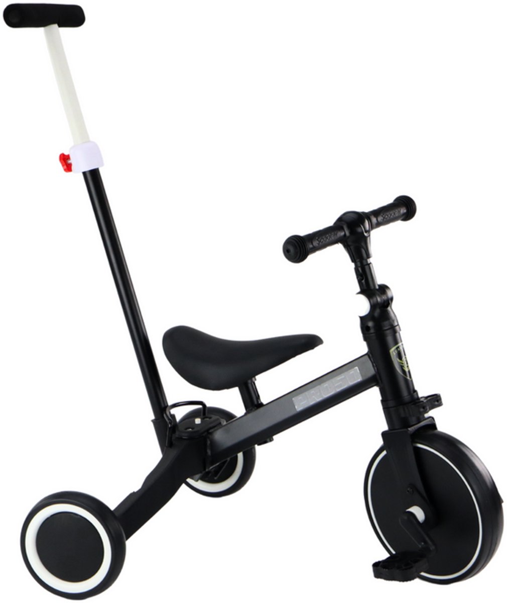 Playos® - 3 in 1 Loopfiets - met Duwstang - Zwart - Verstelbaar - Driewieler - Fiets - Kinderfiets - Cadeau - Speelgoed