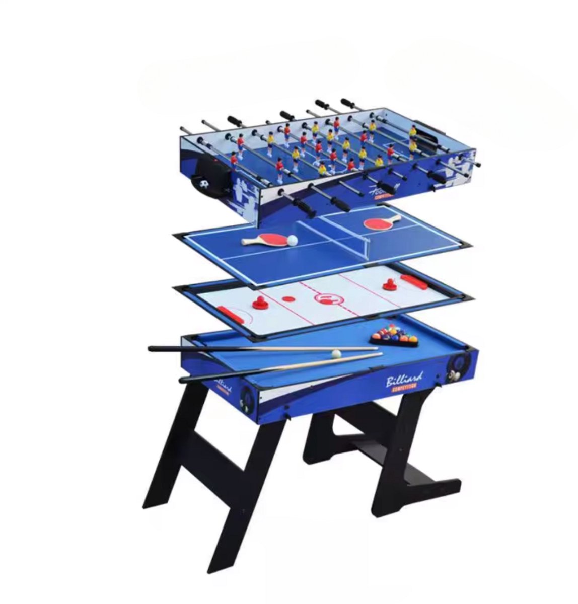 Playos® - 4 in 1 Speeltafel - Blauw - Tafelvoetbal / Airhockey / Biljart / Tafeltennis - 105 x 57 x 71 cm