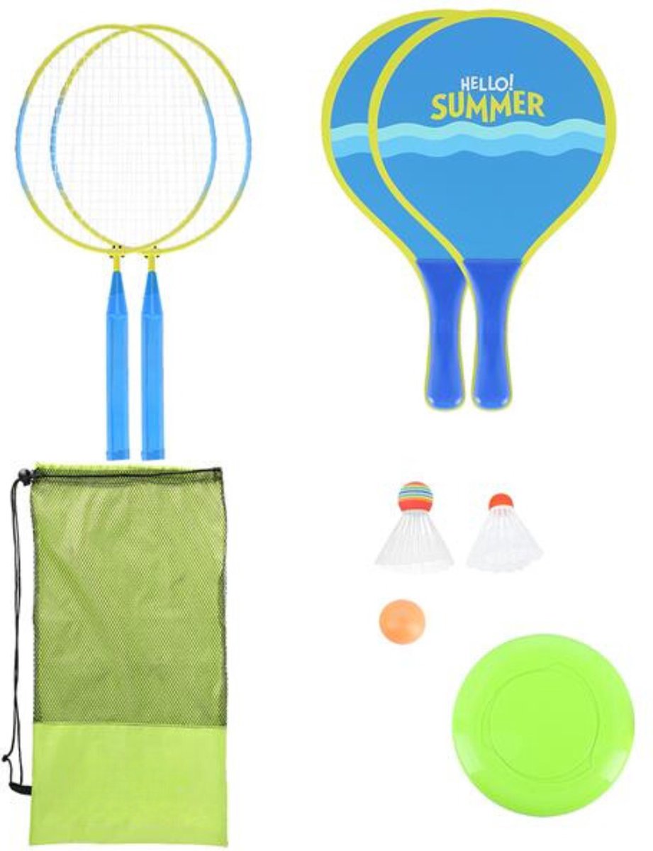 Playos® - Beachball Set - 3 in 1 - Blauw / Geel - met Shuttles - Inclusief Balletje - Frisbee - Tennis - Badminton - Strandspeelgoed - Zand Speelgoed - Buitenspeelgoed - Vakantie Speelgoed