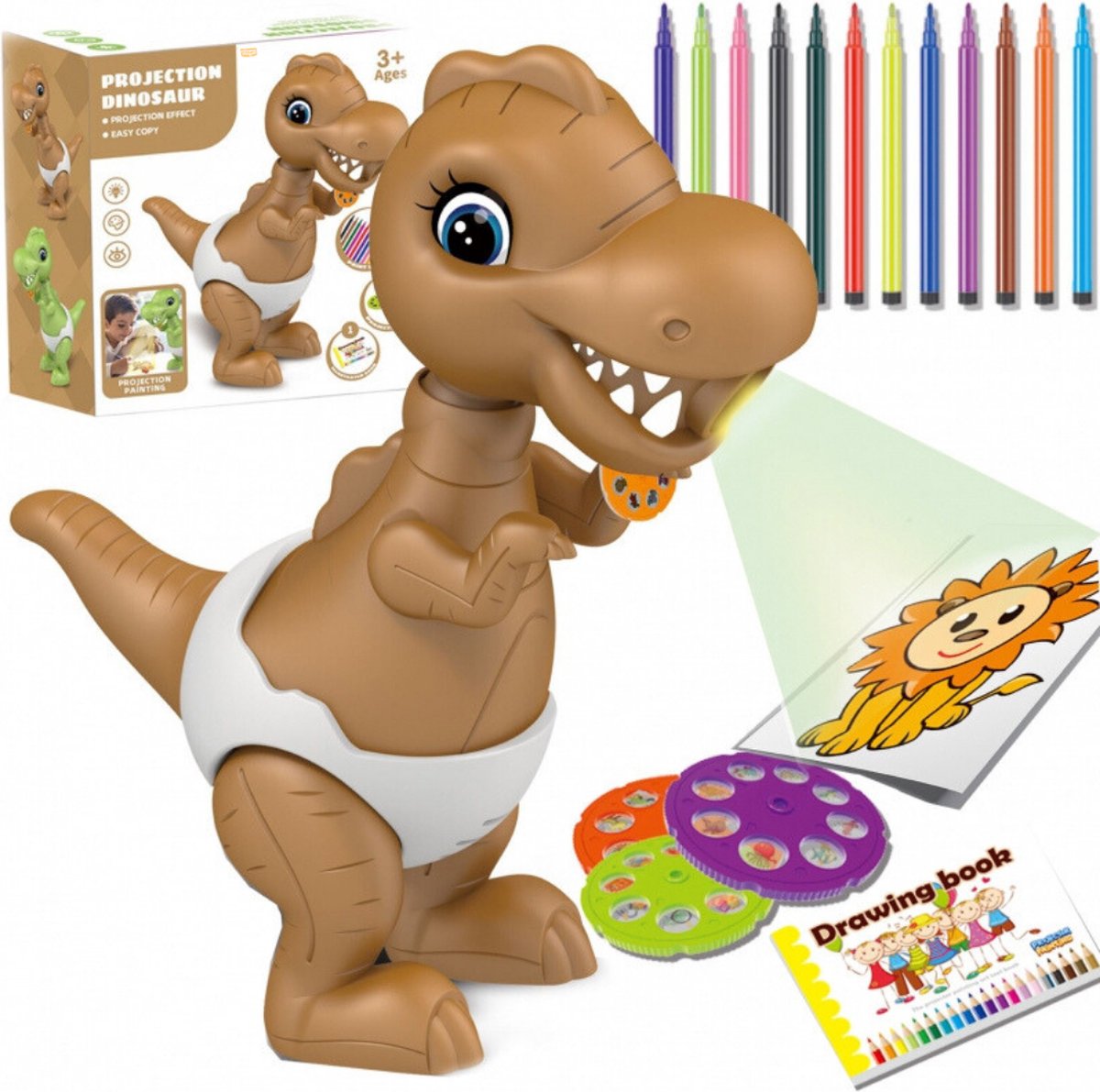  ® - Dinosaurus Projector - 19 cm - Bruin - 24 Patronen - met 12 Stiften - Tekenen - Creatief Speelgoed - Tekenprojector - Sinterklaas