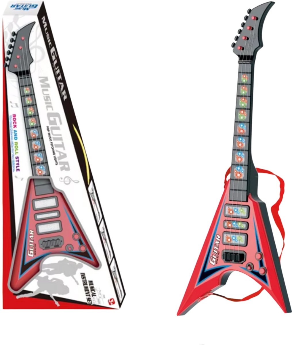 Playos® - Elektrische Gitaar - Rood - met LED verlichting - Draagriem - Liedjes - Speelgoedgitaar - Muzikaal Speelgoed