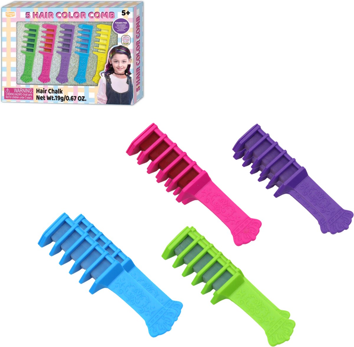  ® - Haarkrijt - 5 Kleuren - Kinderen en Volwassenen - Haarverf Kam -Festival - Speelgoed Make-up - Speelgoed - Haarmascara