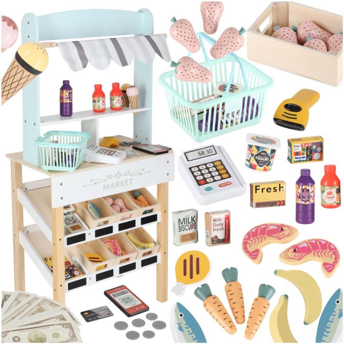 Playos® - Houten Marktkraam - Mint - 97 x 27 x 45 cm - met Scanner - Inclusief Accessoires - Verkoopkraam - Speelgoedwinkeltje - Rollenspel Speelgoed - Marktkraam Speelset - Speelgoed Kassa