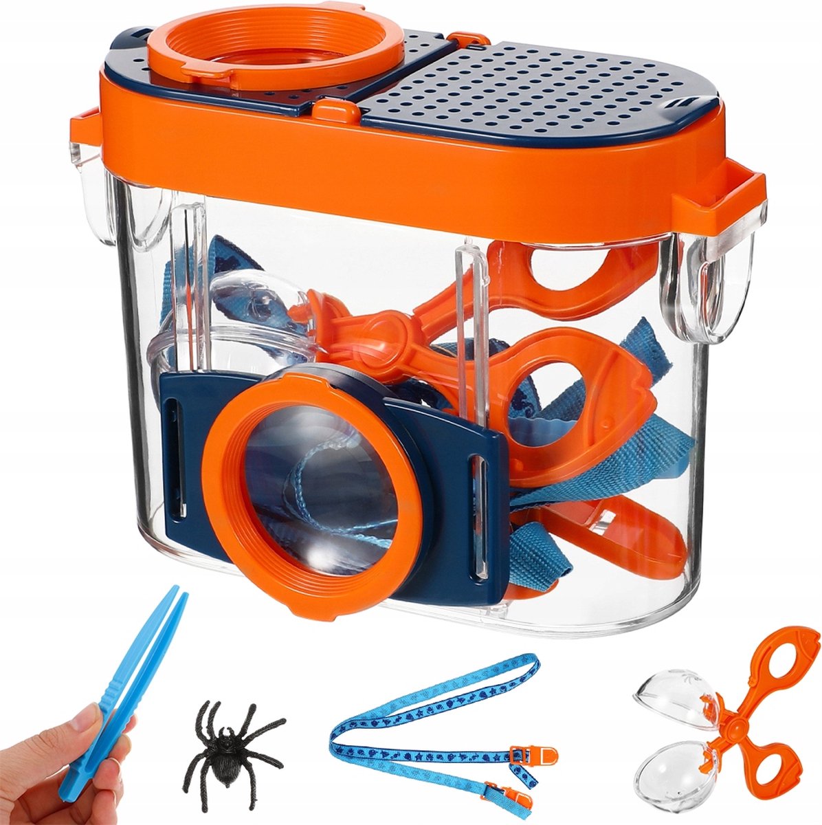 Playos® - Insectenkijker - met Pincet, Tang en Draaglint - Blauw / Oranje - Insectendoos - Buitenspeelgoed - Insecten Speelgoed - Insectenpotje - Experimenteer Set - Educatief Speelgoed