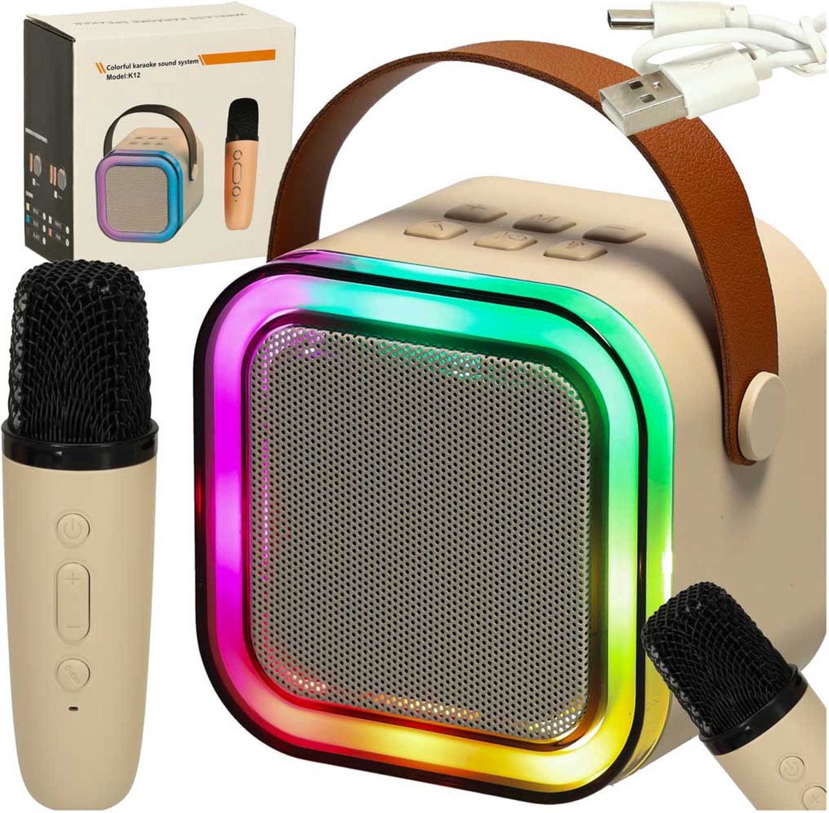 Playos® - Karaoke Set - 1 Microfoon - Beige - Verlichting - Draadloos - Bluetooth - Kinderen en Volwassenen - Speaker - Karaoke Microfoon