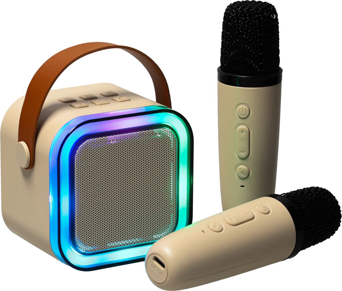  ® - Karaoke Set - 2 Microfoons - Beige - Verlichting - Draadloos - Bluetooth - Kinderen en Volwassenen - Speaker - Karaoke Microfoon