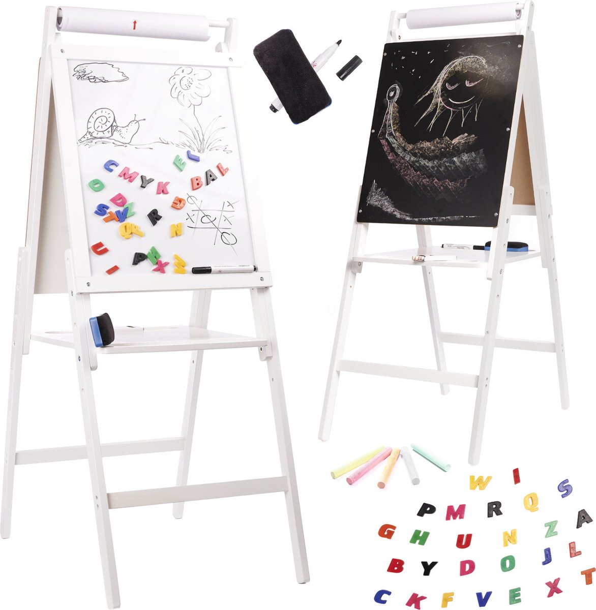  ® - Krijtbord en Whiteboard - 115 cm - Wit - Inclusief Papierrol - met Letter Magneten - Wisser - Houten   - Speelbord - Educatief Speelgoed -Schoolbord Kinderen - Magneetbord - Creatief