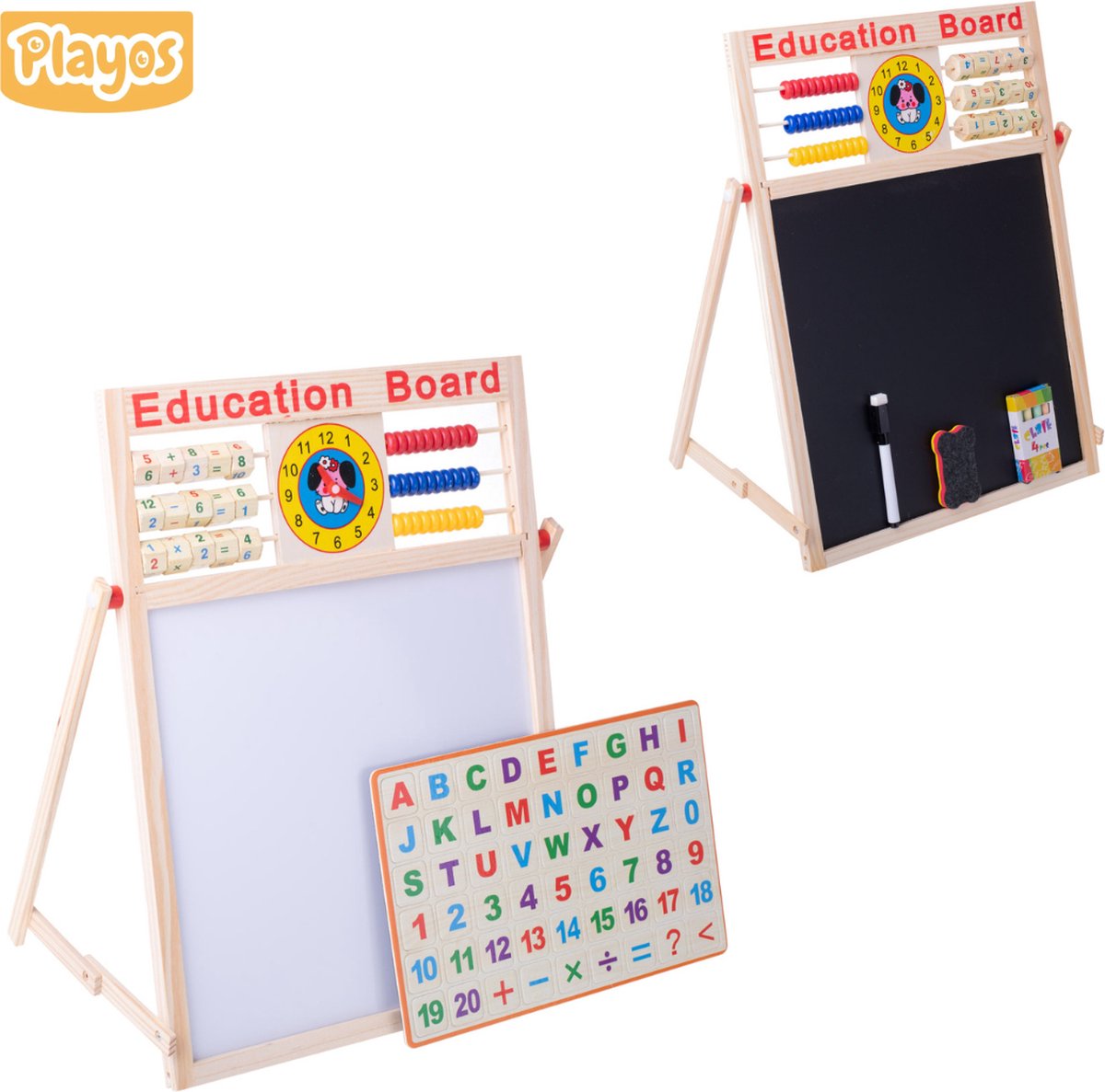 Playos® - Krijtbord en Whiteboard - 42 cm - met Telraam, Klok en Sommen - Cijfer en Letter Magneten - met Marker, Wisser en Krijtjes - Houten Tekenbord - Speelbord - Educatief Speelgoed -Schoolbord Kinderen - Magneetbord - Creatief