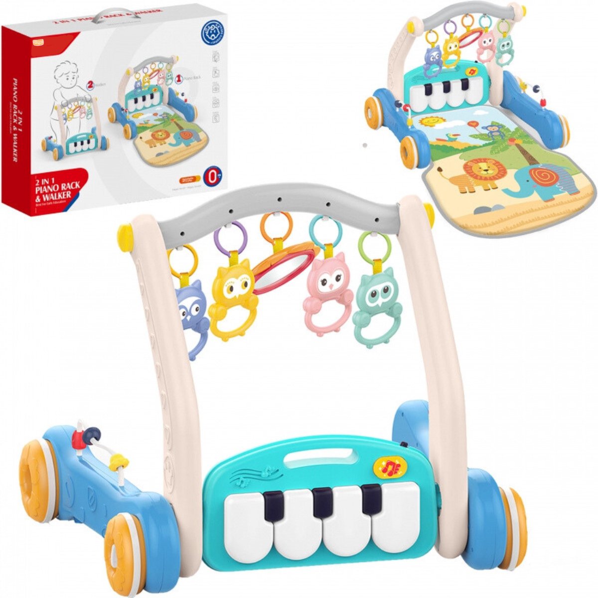  ® - Loopwagen en Babygym - 2 in 1 - Blauw - Safari - Babygym met Piano - 76 x 49x 41,5 cm - Babymat - Baby Speelmat - Interactief - Speelkleed Babys - Baby Speelgoed - Interactieve Speelkleed