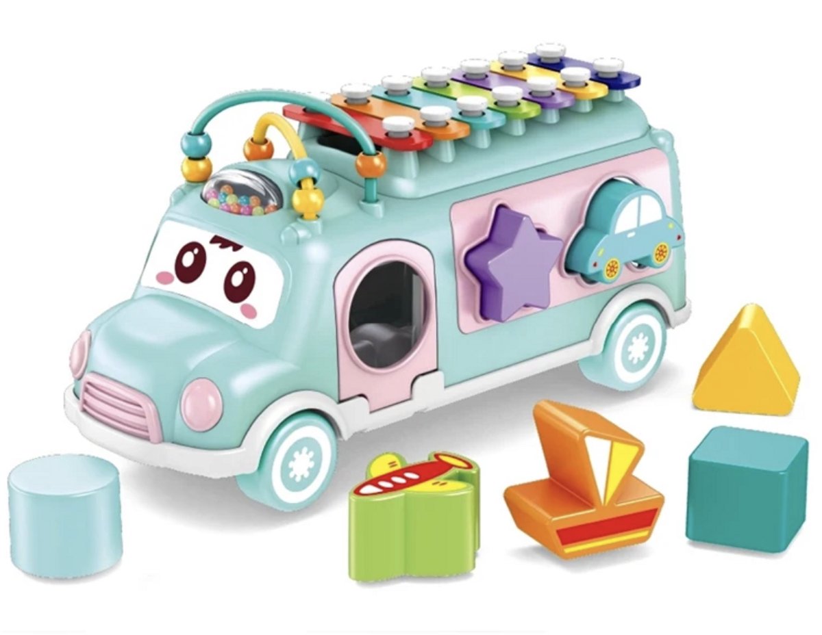 Playos® - Muzikale Bus - met Xylofoon - Blauw - Vormenstoof - Kralenspiraal - Vormen en Kleuren Herkennen - Auto Sorteerder - Babyspeelgoed - Educatief Speelgoed