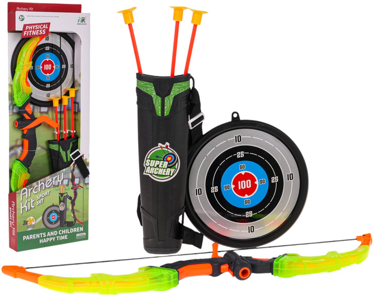  ® - Pijl en Boog - XL - Zwart/Groen - 64 cm - met Verlichting - Schietschijf - 3 Veilige Pijlen - Boogschieten - Kinderen - Speelgoed - Buiten Speelgoed - Binnen Speelgoed