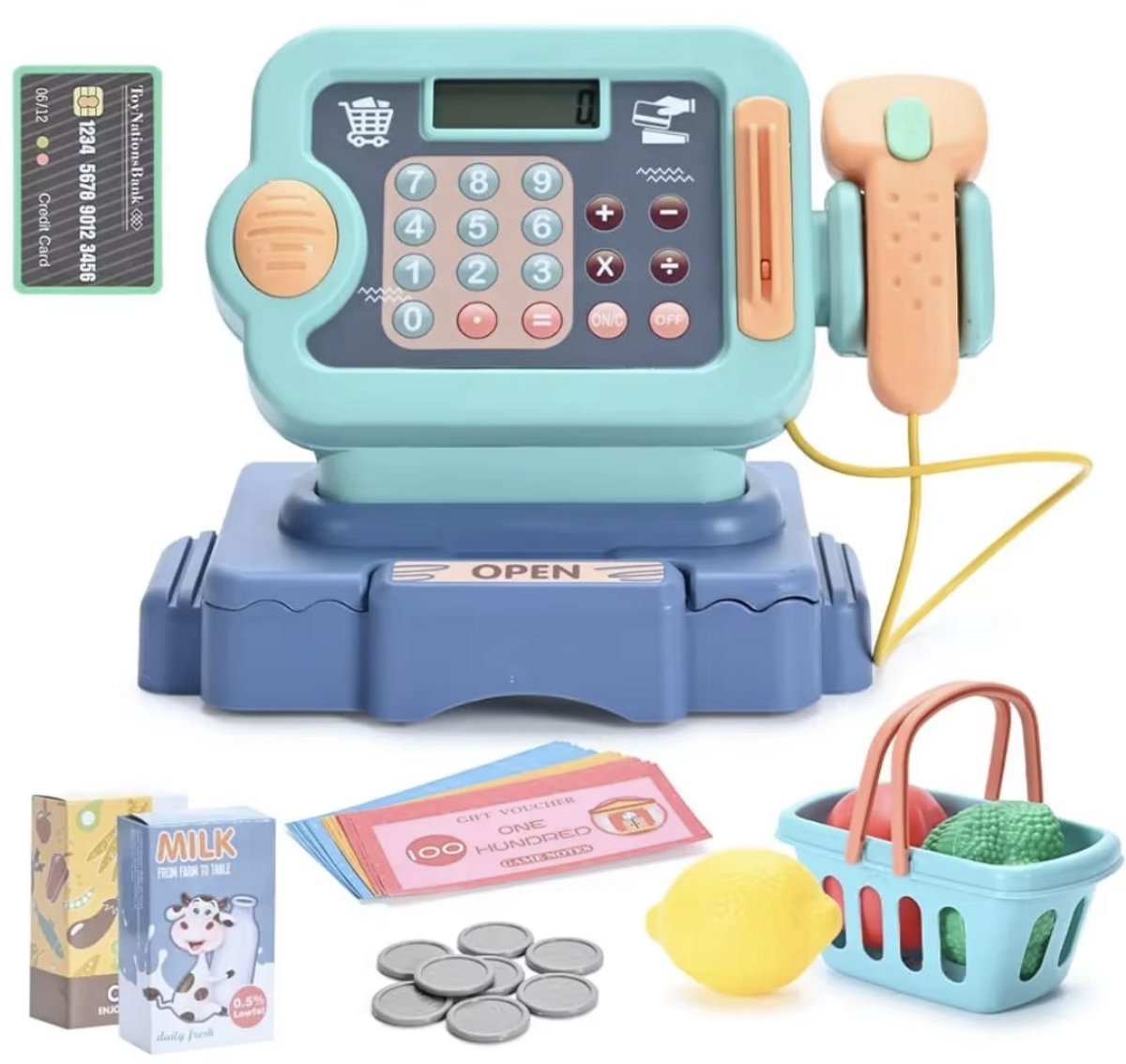 Playos® - Speelgoed Kassa 2.0 - met Licht en Geluid - Rekenmachine, Scanner en Geldlade - inclusief Accessoires - Rekenspeelgoed - Educatief - Rollenspel