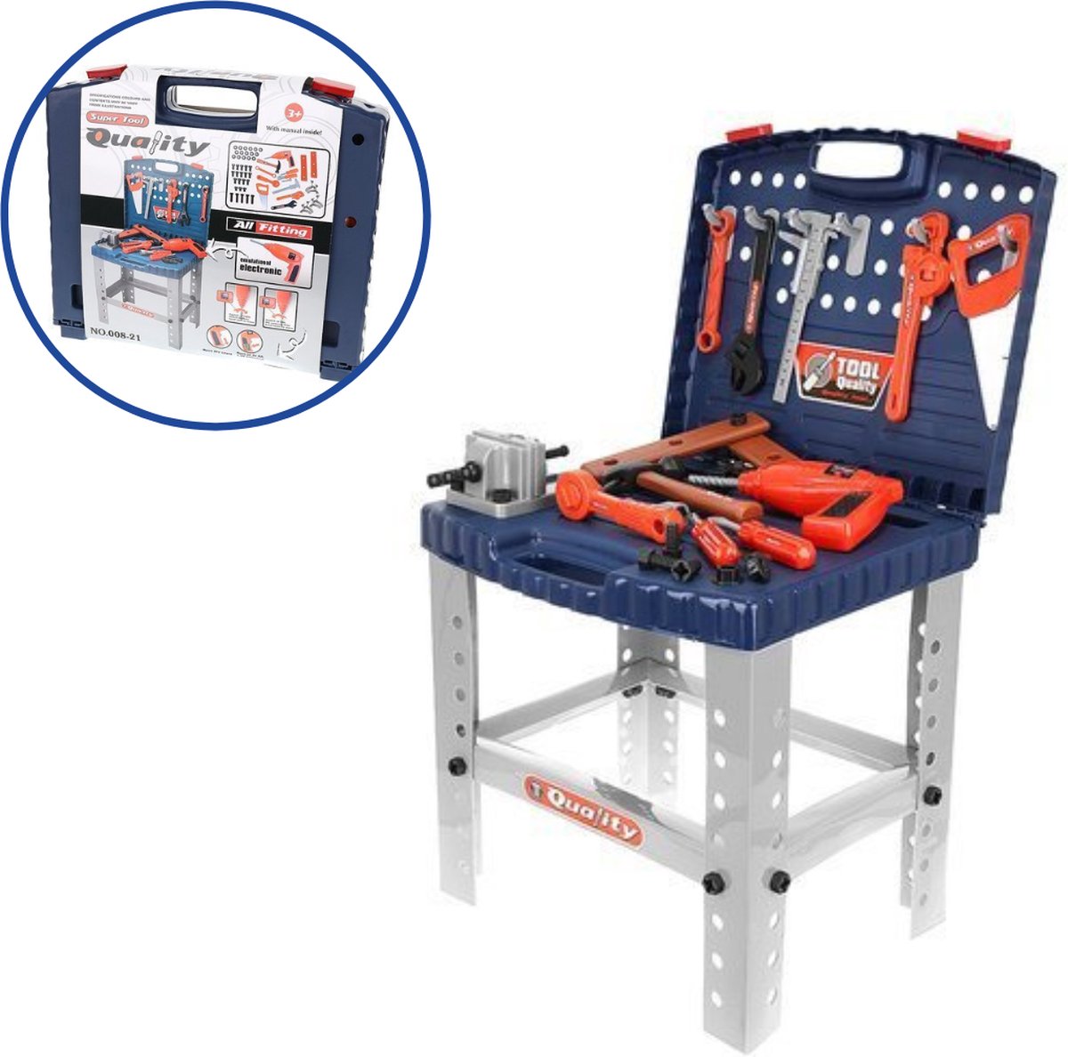  ® - Speelgoedwerkbank - Blauw / Grijs - in Koffer - Gereedschap - Klussen - Rollenspel Speelgoed - Educatief Speelgoed - Speelgoed Gereedschap - Werktafel - Werkbank -Bouwset
