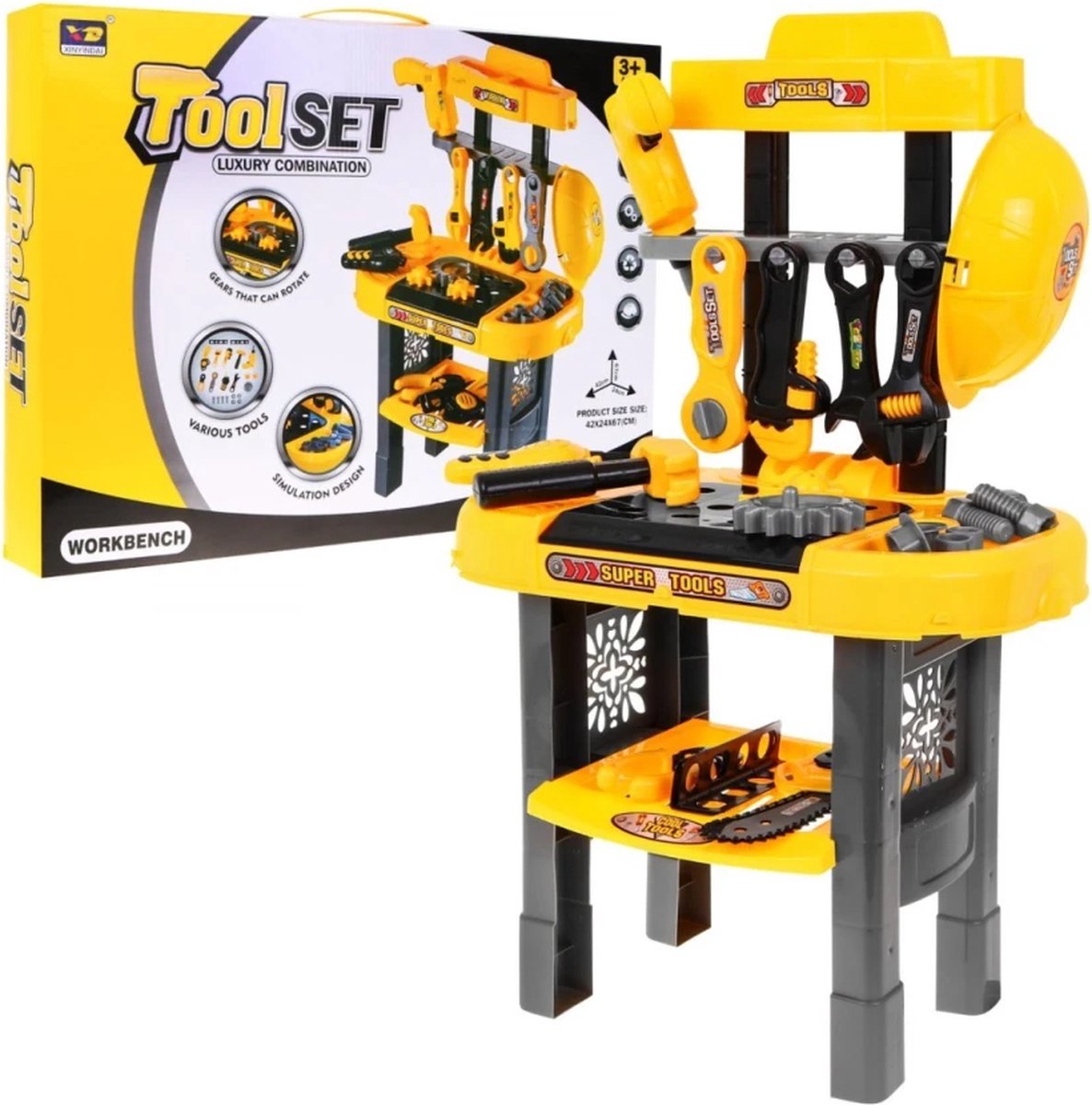 Playos® - Speelgoedwerkbank - Geel / Grijs - met Helm en Boormachine - inclusief Gereedschap - Klussen - Rollenspel Speelgoed - Educatief Speelgoed - Speelgoed Gereedschap - Werktafel - Werkbank -Bouwset