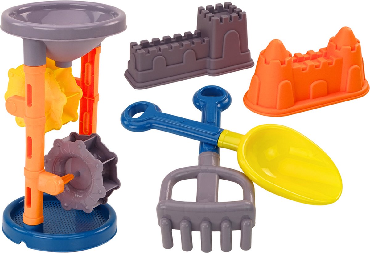 Playos® - Strandspeelgoed - Waterrad - met Zandkastelen - 5 delig - Strandspeelgoed - Vormpjes - Schep - Hark - Buitenspeelgoed - Molen - Zandkasteel